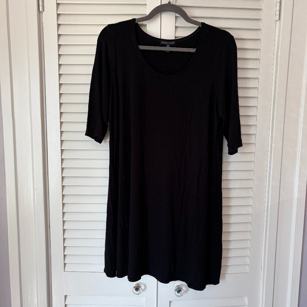 Eileen Fisher jersey tunic dress large scoop neck elbow sleeves viscose black